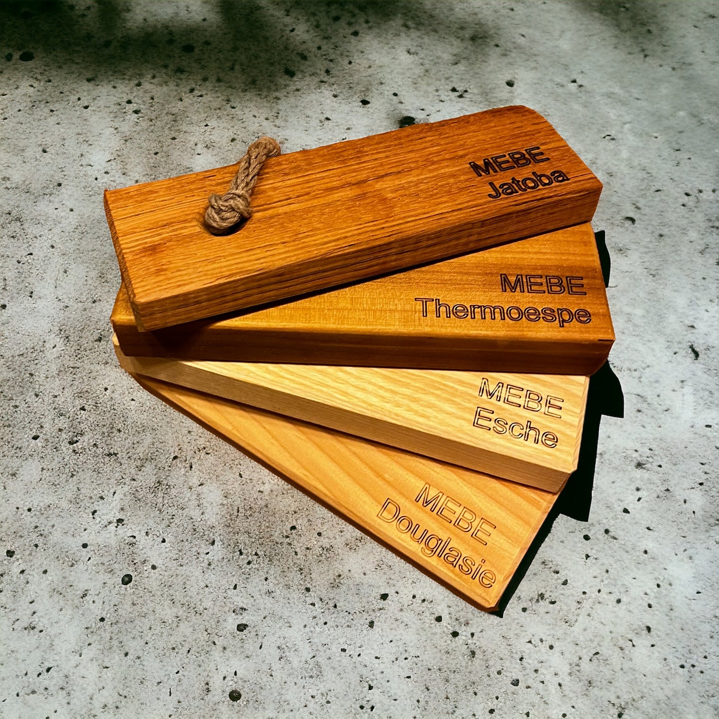 Holzmuster für drehbare Gartenliege, Wellenliege, Himmelsliege - Jatoba, Thermoespe, Esche, Douglasie