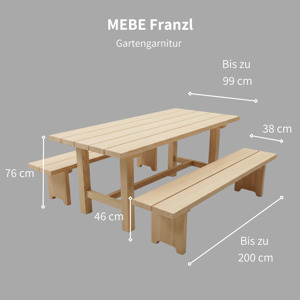 MEBE Franzl - Douglasien Gartengarnitur - Tisch mit 2 Bänken - 99 x 200 cm