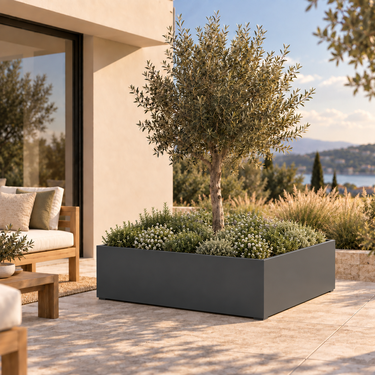 MEBE Planty - Pflanztopf - Mit Bodenplatte - 100 x 100 x 40 cm - Anthrazitgrau Matt