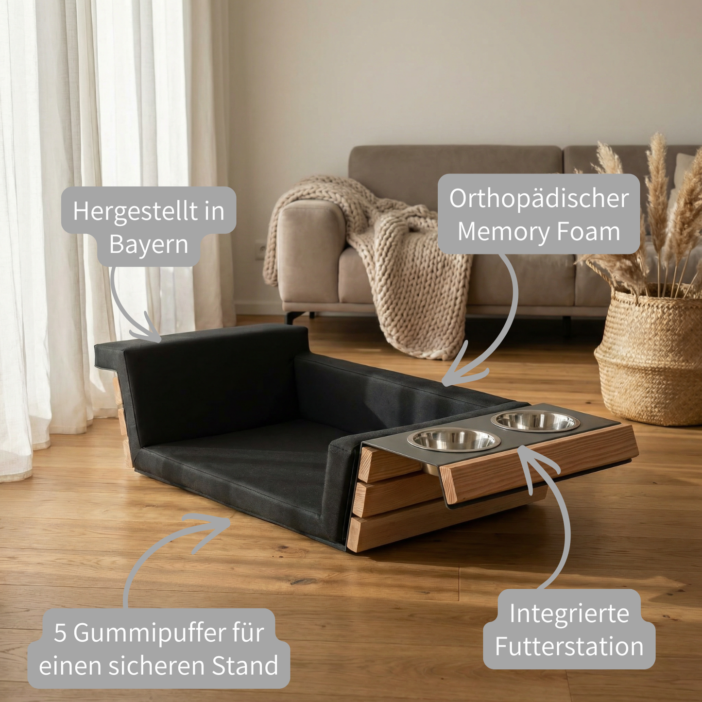 MEBE NapfLounge Duo - Hunde- und  Katzensofa mit integrierter Futterbar - Memory Foam